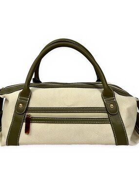 Estee Lauder Cream Twill Duffel Satchel Olive Faux Leather Trim Handbag